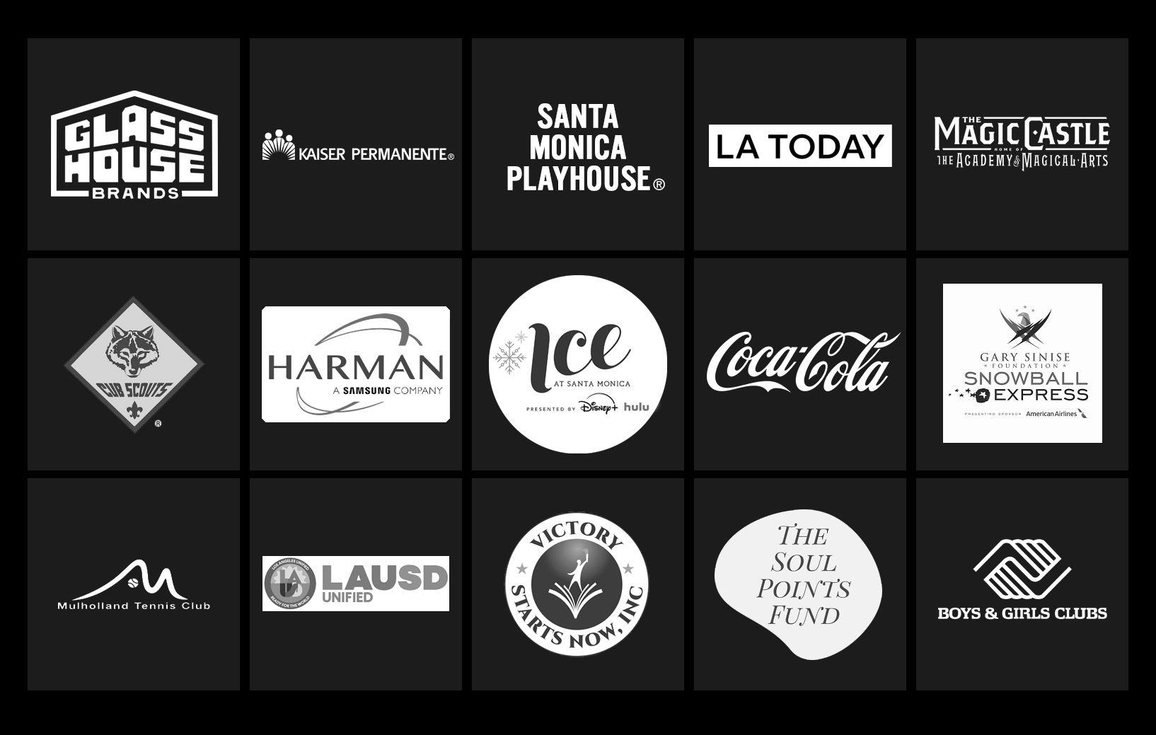 Ice At Santa Monica Presented by Disney+ & Hulu, The Four Seasons, 1 Hotel West Hollywood, Skybar/The Mondrian, LA Today, The Mountain Mermaid, 
Mulholland Tennis Club, Kaiser Permanente, Santa Monica Playhouse, LAUSD, The Cub Scouts, The Magic Castle